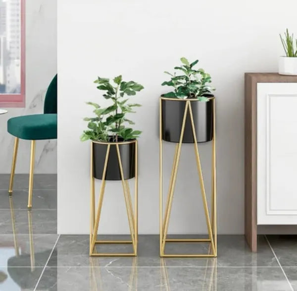 Black And Gold Modern Geometric Metal Plant Stand Set Withplanters