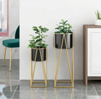 Black And Gold Modern Geometric Metal Plant Stand Set Withplanters