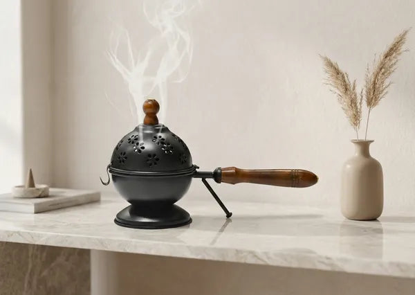Black Metal Incense Burner With Wooden Handle And Decorative Cutouts