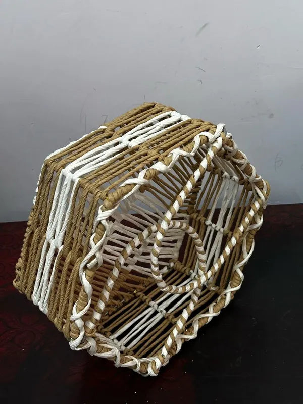 Natural And White Handwoven Hexagonal Basket With Twisted Handle Natural Andtwo Tone