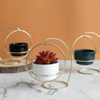 Gold And Black Metal Hanging Planter Stand Withceramic Pot