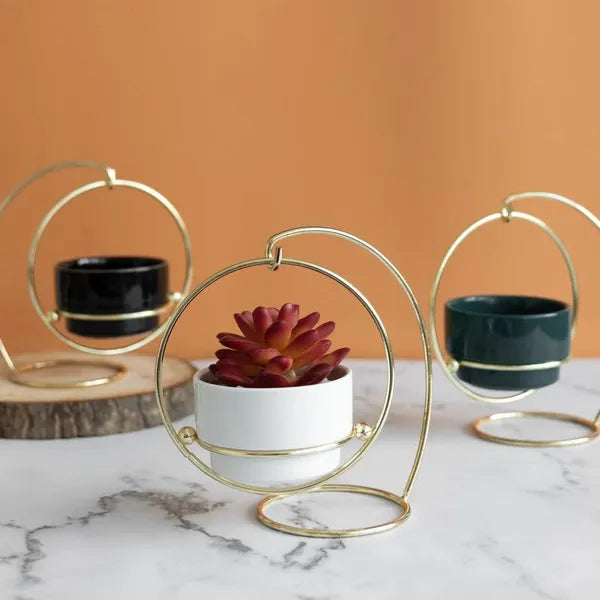 Gold And Black Metal Hanging Planter Stand Withceramic Pot