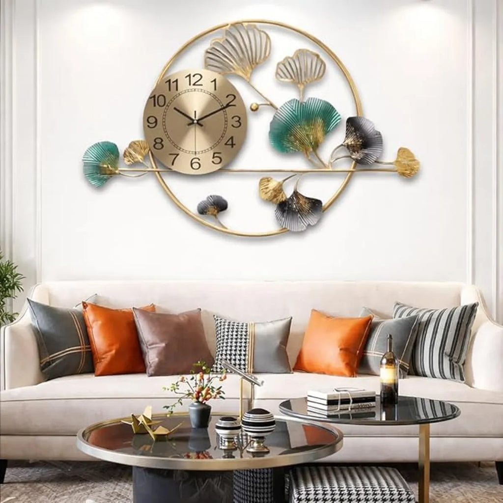 Gold Decorative Wall Clock With Ginkgo Leaf Designframe
