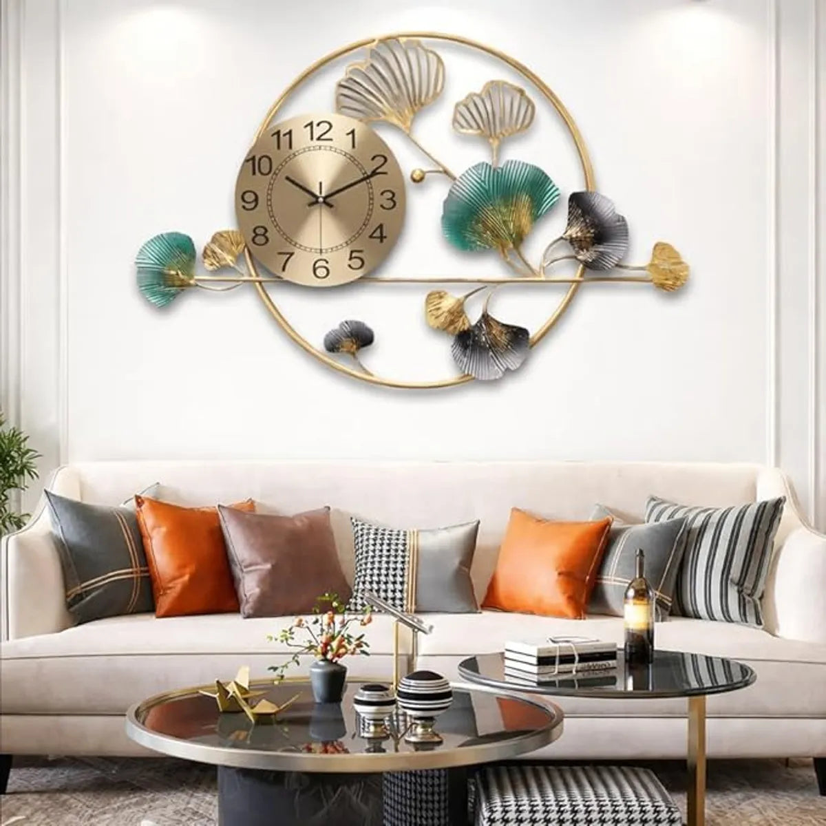 Gold Decorative Wall Clock With Ginkgo Leaf Designframe