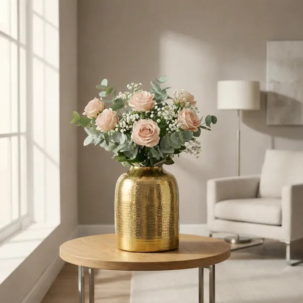 Gold Hammered Metal Flower Vase With Wide Opening