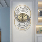 Gold And Brown Modern Decorative Wall Clock With D Metal Rings And Wooden Ball Accents