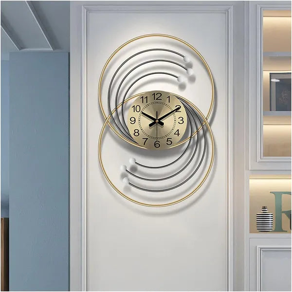 Gold And Brown Modern Decorative Wall Clock With D Metal Rings And Wooden Ball Accents
