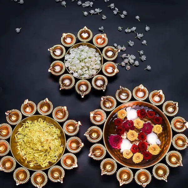 Gold Traditional Brass Diya Set With Flower Bowls For Pooja And Diwali Decoration