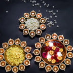 Gold Traditional Brass Diya Set With Flower Bowls For Pooja And Diwali Decoration