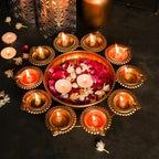 Gold Traditional Brass Diya Set With Flower Bowls For Pooja And Diwali Decoration
