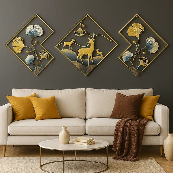 Gold Piece Metal Wall Art Set With Ginkgo Leaves And Deer Diamond Shapedframe Decor