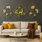 Gold Piece Metal Wall Art Set With Ginkgo Leaves And Deer Diamond Shapedframe Decor