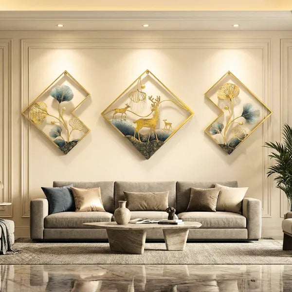 Gold Piece Metal Wall Art Set With Ginkgo Leaves And Deer Diamond Shapedframe Decor
