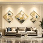 Gold Piece Metal Wall Art Set With Ginkgo Leaves And Deer Diamond Shapedframe Decor