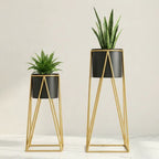 Black And Gold Modern Geometric Metal Plant Stand Set Withplanters