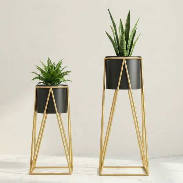 Black And Gold Modern Geometric Metal Plant Stand Set Withplanters