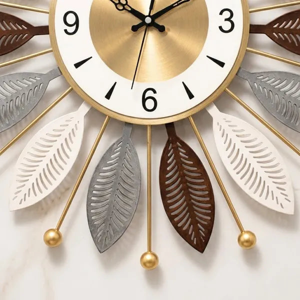 Decorative Sunburst Wall Clock With Multi Tone Leaf Design 60cm