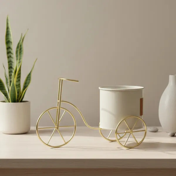 Beige And Green Decorative Metal Tricycle Planter Stand With Potframe