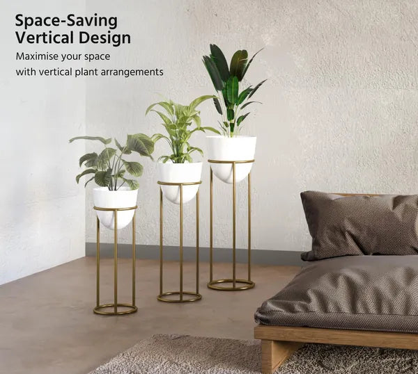 Banjara Decor Gold And White Modernmetal Plant Stands Withceramic Pots