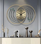 Gold And Brown Modern Decorative Wall Clock With D Metal Rings And Wooden Ball Accents