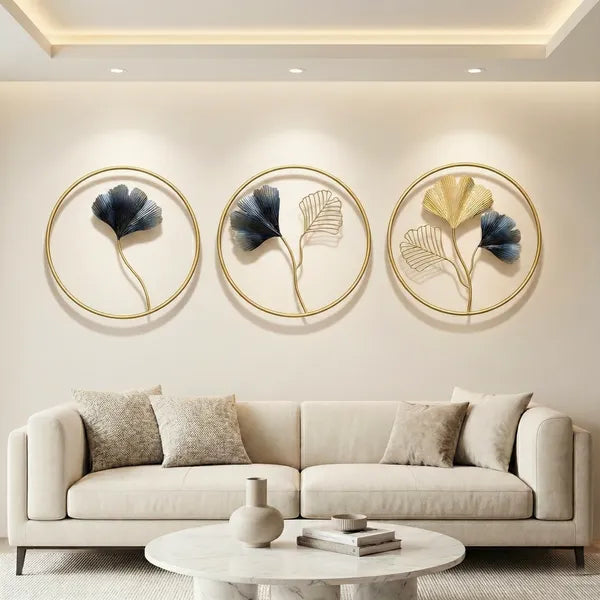 Gold And Black Decorative Metal Ginkgo Leaf Wall Art & Circular Frames