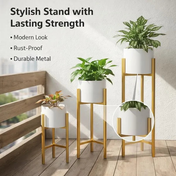 Modern White & Gold Metal Plant Stand Set of 3 – Elegant Indoor Planter Stands for Living Room & Home Décor