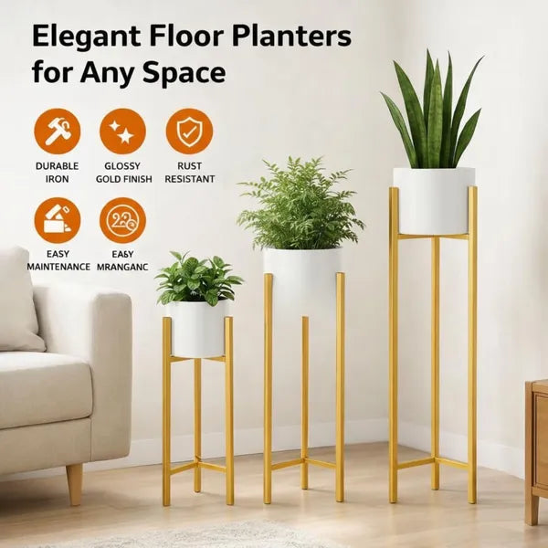 Modern White & Gold Metal Plant Stand Set of 3 – Elegant Indoor Planter Stands for Living Room & Home Décor