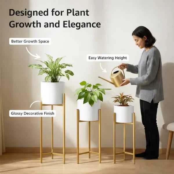 Modern White & Gold Metal Plant Stand Set of 3 – Elegant Indoor Planter Stands for Living Room & Home Décor