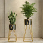Black And Gold Modern Geometric Metal Plant Stand Set Withplanters