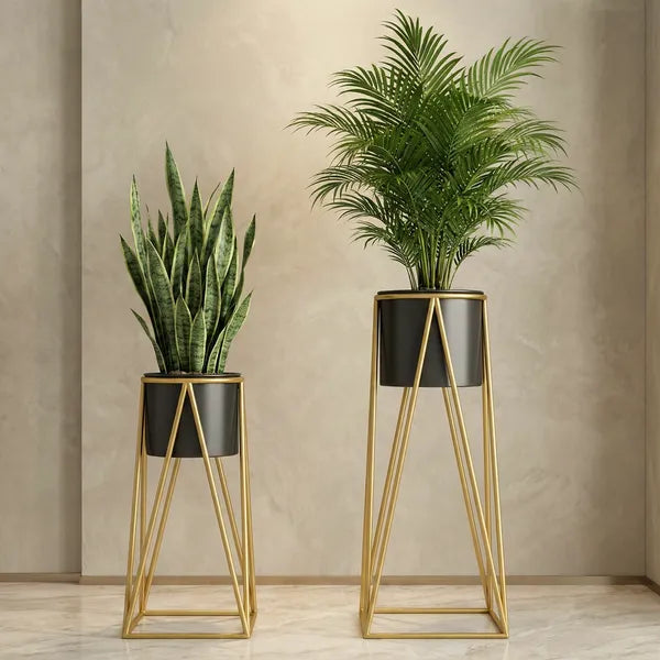 Black And Gold Modern Geometric Metal Plant Stand Set Withplanters