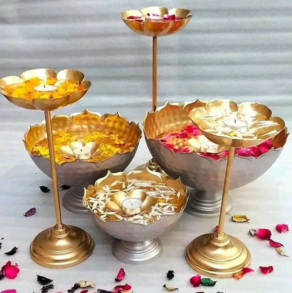 Gold Decorative Brass Floating Diya Stand Set With Flower Holders