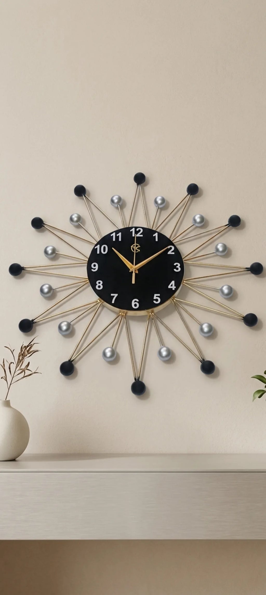 Black And Gold Modern Sunburst Wall Clock Withface Andhands