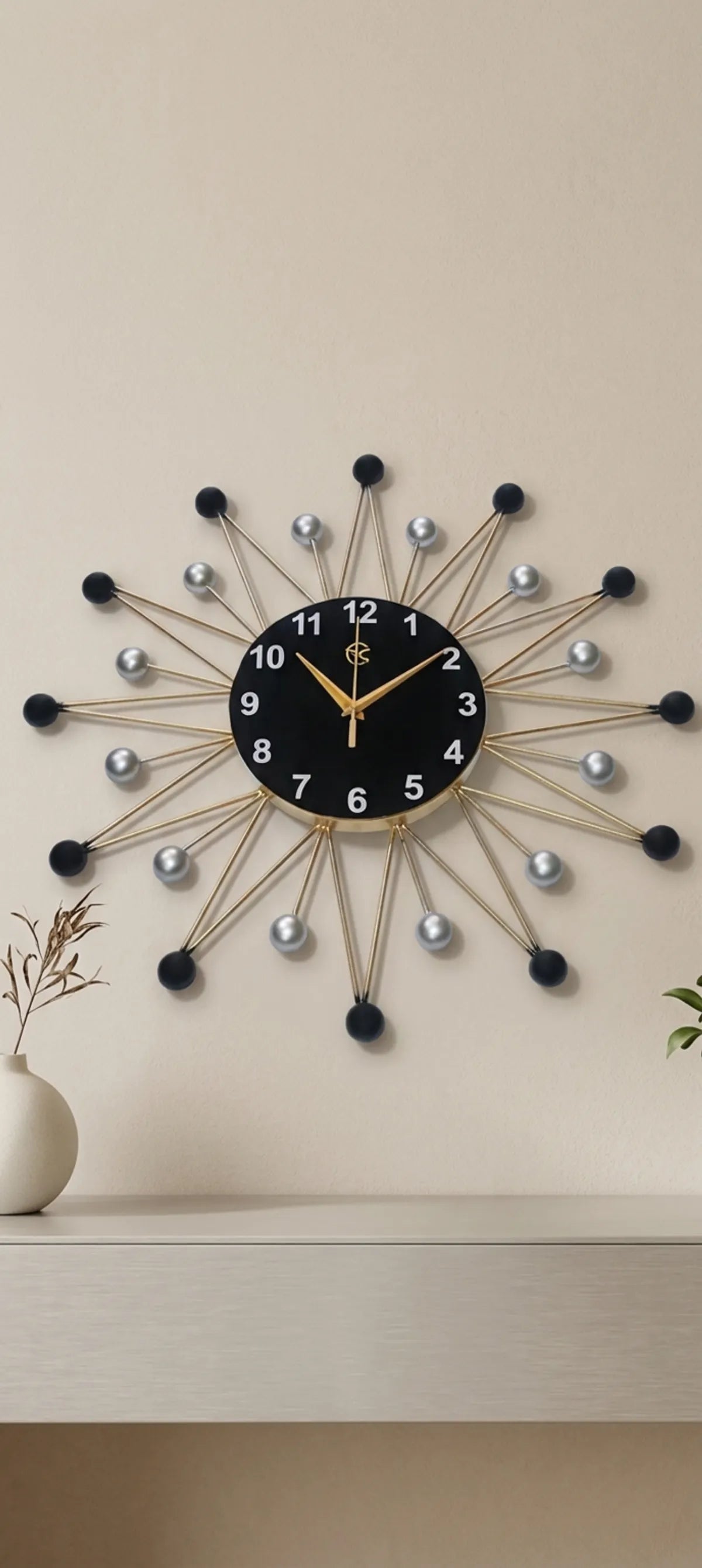 Black And Gold Modern Sunburst Wall Clock Withface Andhands