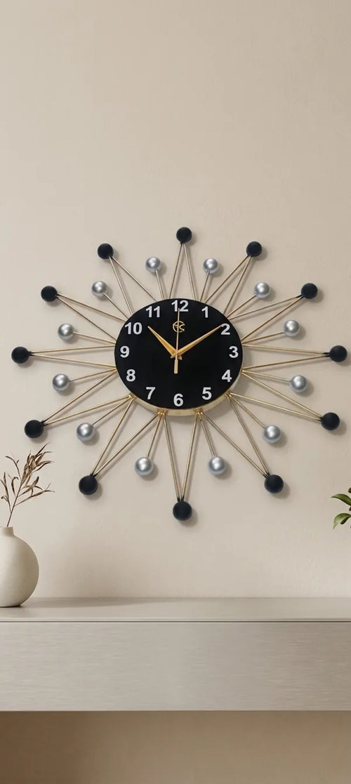 Black And Gold Modern Sunburst Wall Clock Withface Andhands