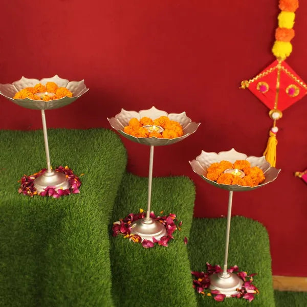Gold Decorative Lotus Metal Diya Stand Set Traditional Pooja Candle Holders