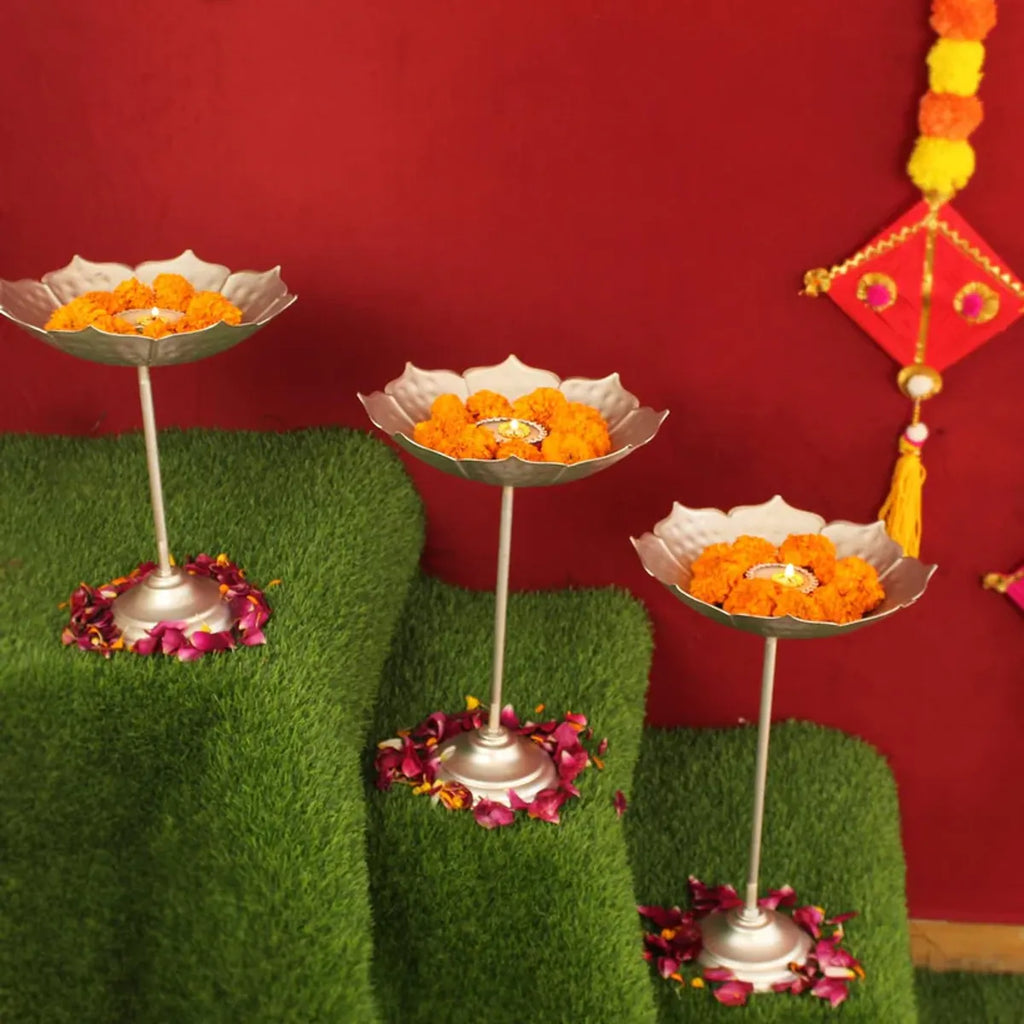 Gold Decorative Lotus Metal Diya Stand Set Traditional Pooja Candle Holders