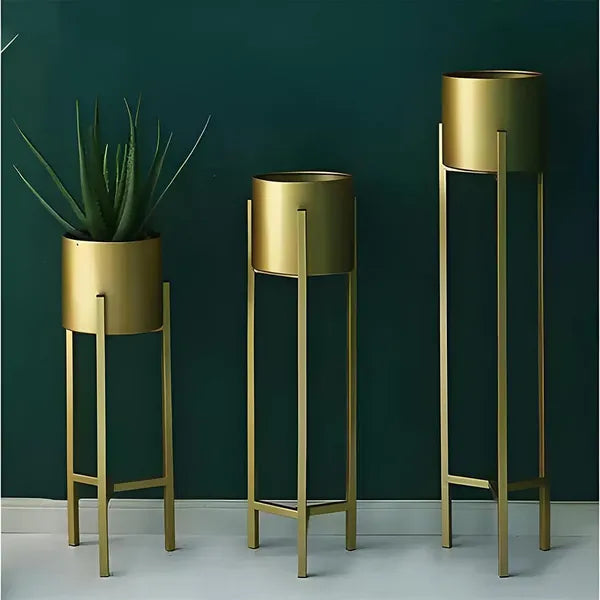 Gold Modern Metal Plant Stand With Cylindrical Pot