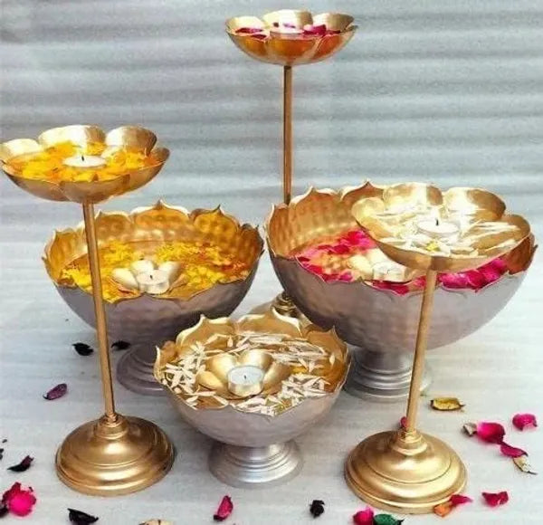 Gold Decorative Brass Floating Diya Stand Set With Flower Holders