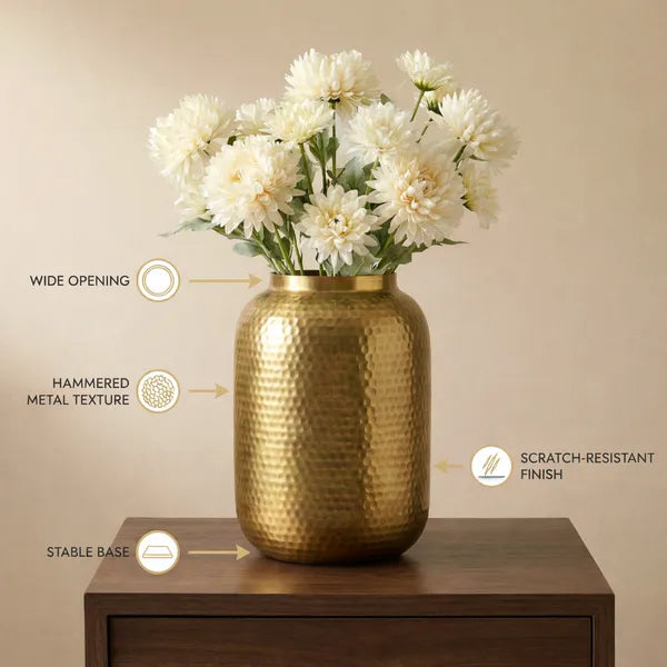 Gold Hammered Metal Flower Vase With Wide Opening