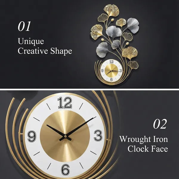 Gold And Silver Decorative Ginkgo Leaf Wall Clock & Silver Metal Art Design