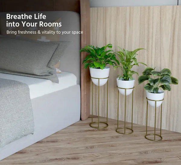 Banjara Decor Gold And White Modernmetal Plant Stands Withceramic Pots