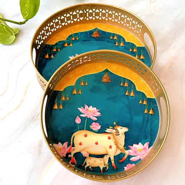 Gold Decorative Round Serving Tray With Sacred Cow And Lotus Design