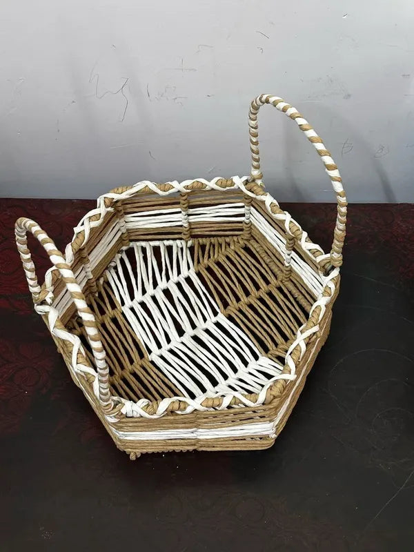 Natural And White Handwoven Hexagonal Basket With Twisted Handle Natural Andtwo Tone