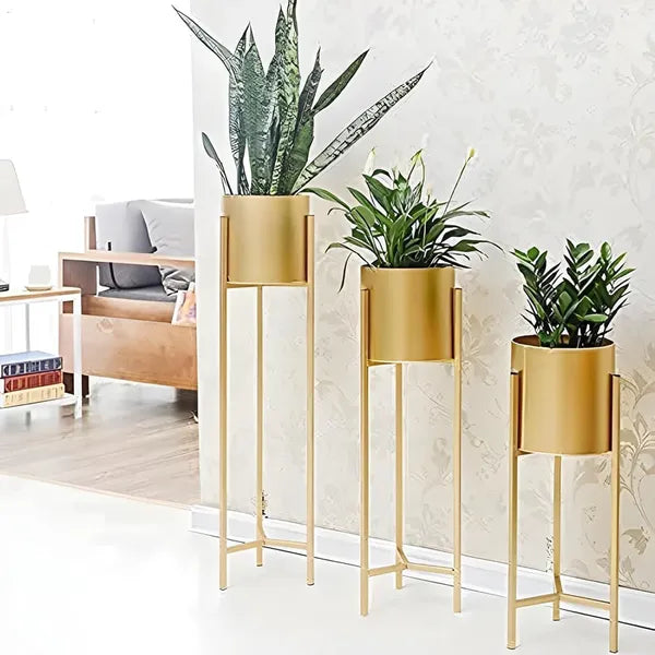 Gold Modern Metal Plant Stand With Cylindrical Pot