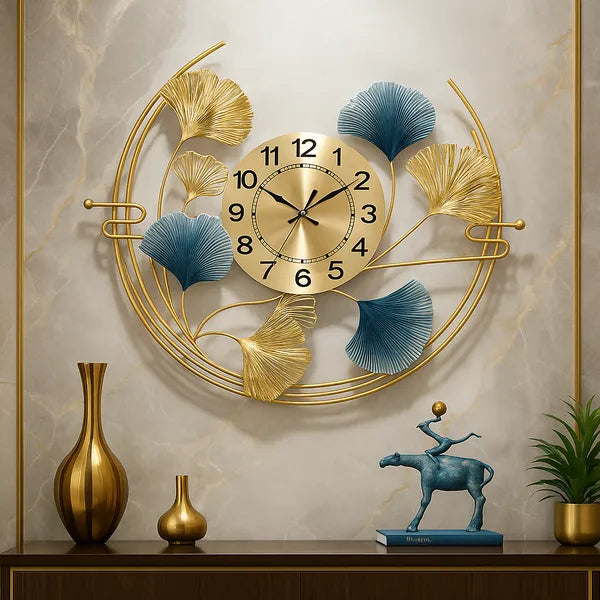 Gold And Blue Luxury Ginkgo Leaf Wall Clock & Metal Art Decor