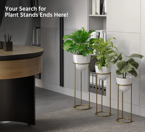 Banjara Decor Gold And White Modernmetal Plant Stands Withceramic Pots