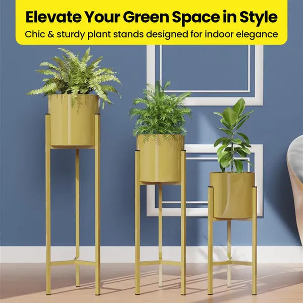 Gold Metal Plant Stands With Cylindrical Planters