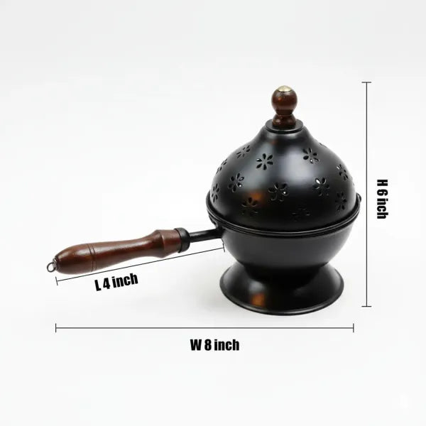 Black Metal Incense Burner With Wooden Handle And Decorative Cutouts