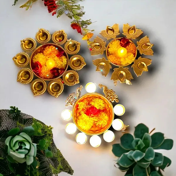Gold Decorative Brass Diya Set With Floating Flowers And Candles