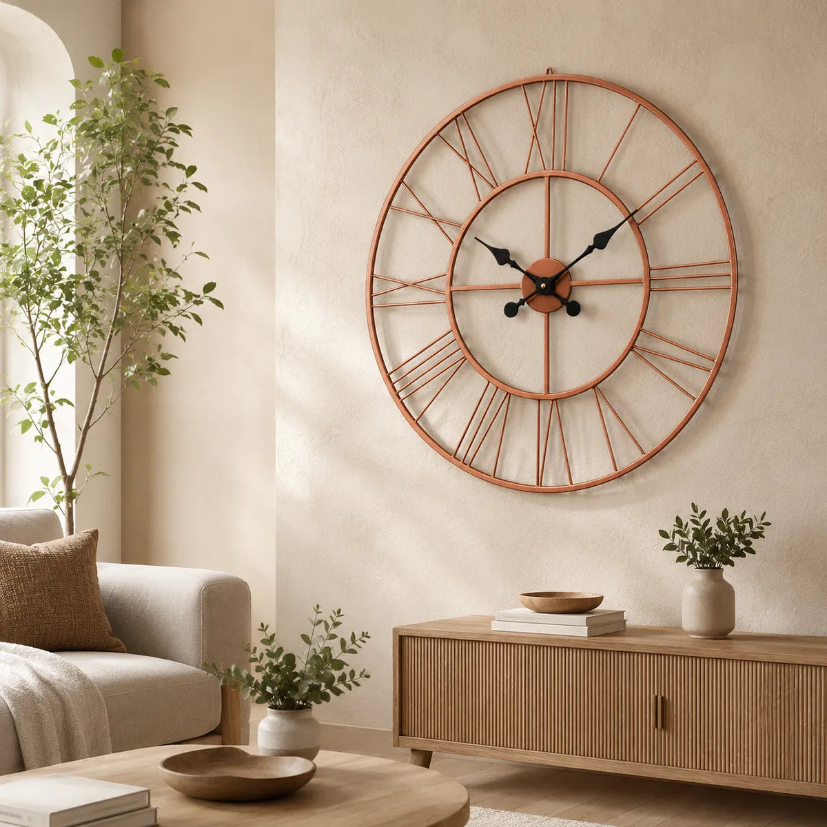 Rose Gold Metal Roman Numeral Wall Clock for Living Room, Large Vintage Round Decorative Wall Clock, Silent Non-Ticking Designer Clock for Home, Bedroom, Hall & Office Décor